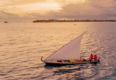 Segeltörn mit traditionellem Dhoni-Boot bei Sonnenuntergang